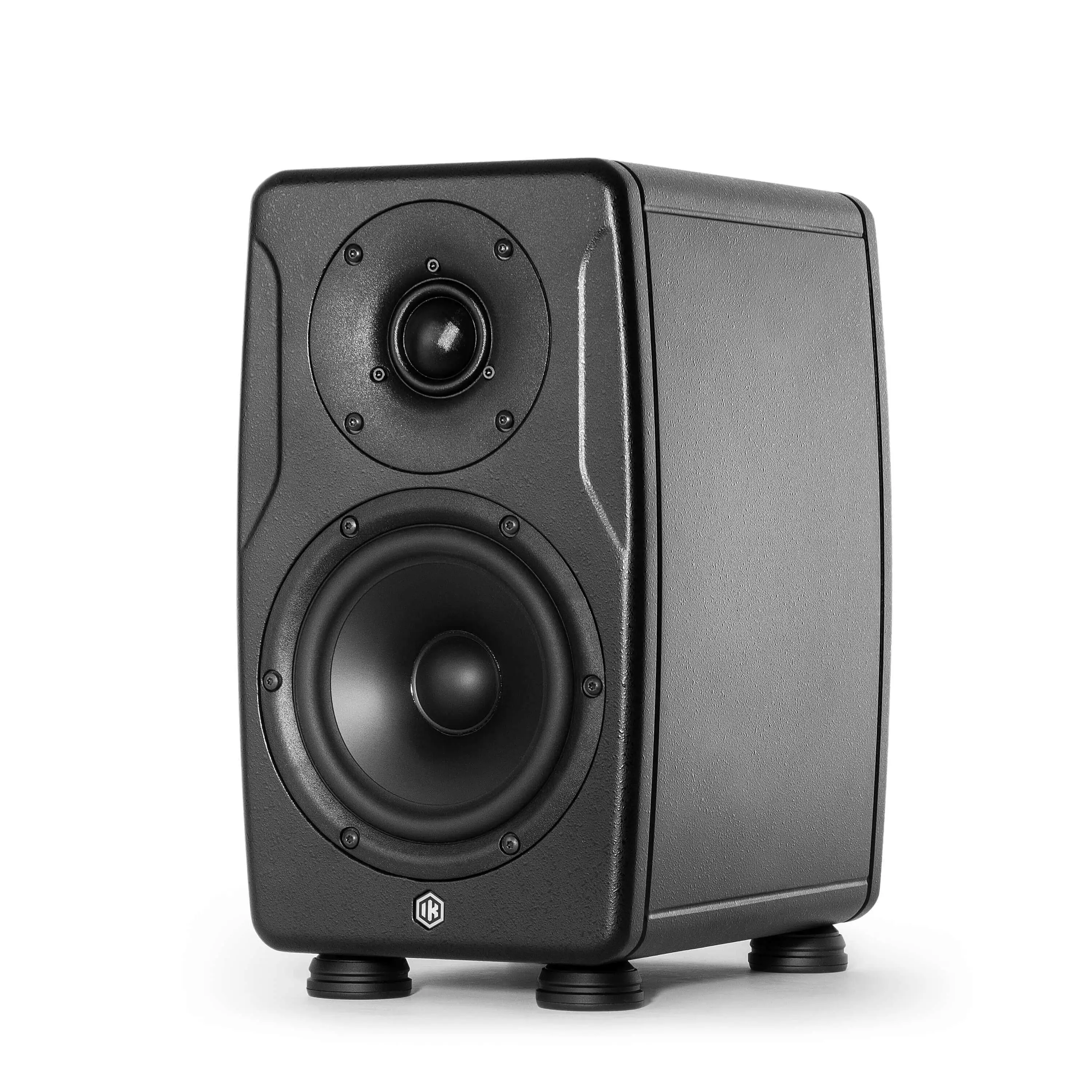 Black iLoud Precision 5 MKII active studio monitor with tweeter and woofer, shown with wireless remote control against white background