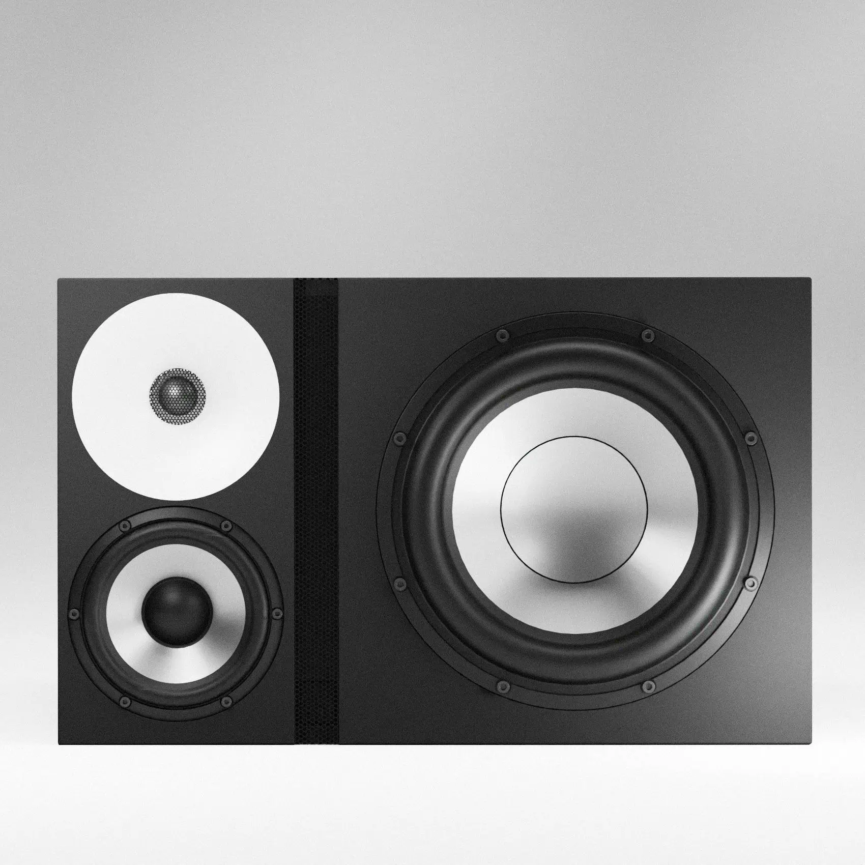 Amphion One25A studio monitor shown from front-left angle against white background, black enclosure with woofer and tweeter visible on left, larger